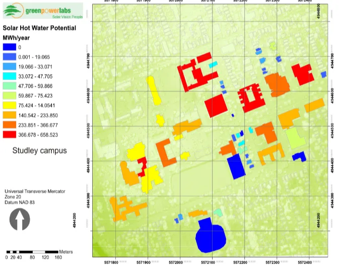 Map of solar hot water potential in MWh per year across the buildings of a university campus.