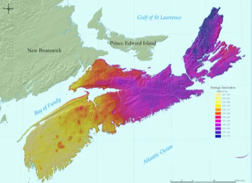 Solar resource map of Nova Scotia, shading average annual insolation from low in the southwest to high in the northeast.